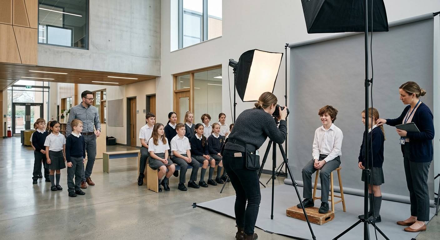 Процесс portrait-съёмки мальчика в светлом атриуме школы. Фотограф со штатива делает кадр ученика на деревянном табурете перед серым фоном, ассистентка справа поправляет воротник следующей девочке в очереди, а сбоку на скамье ожидает группа других школьников под присмотром учителя.