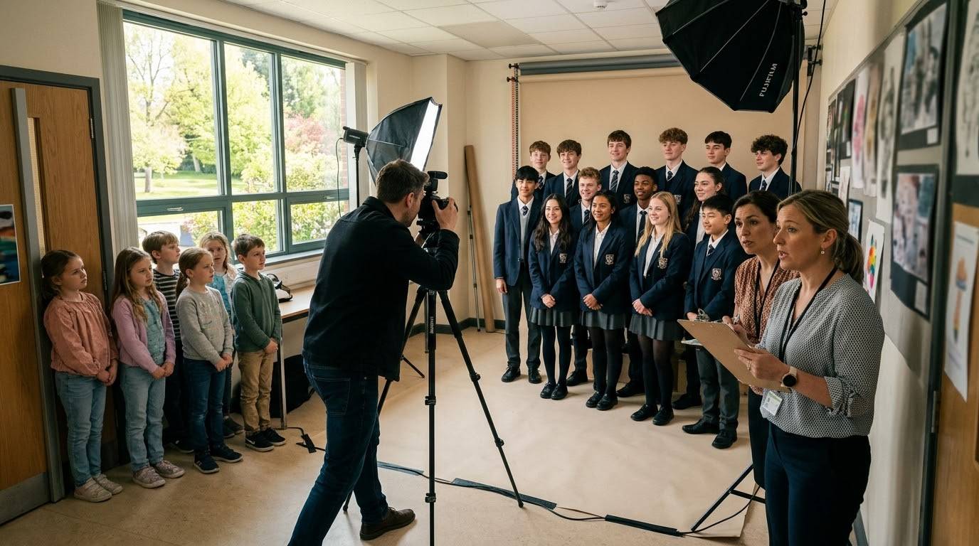 Фотограф снимает группу учеников на бежевом фоне с ассистентами, ведущими список.Съёмка группы старшеклассников в тёмно-синих блейзерах на фоне бежевого студийного тканевого фона. На переднем плане фотограф работает со штативом и софтбоксом, а две женщины-ассистентки проверяют списки учеников на планшете.