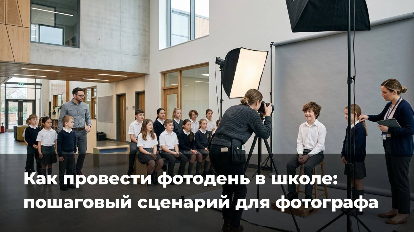 Организованный процесс портретной съёмки школьников в просторном холле. Фотограф со спины снимает мальчика на деревянном табурете перед серым фоном со студийным светом, ассистент справа поправляет причёску следующей ученице, а слева преподаватель сопровождает группу ожидающих детей. На изображение нанесена надпись: «Как провести фотодень в школе: пошаговый сценарий для фотографа».