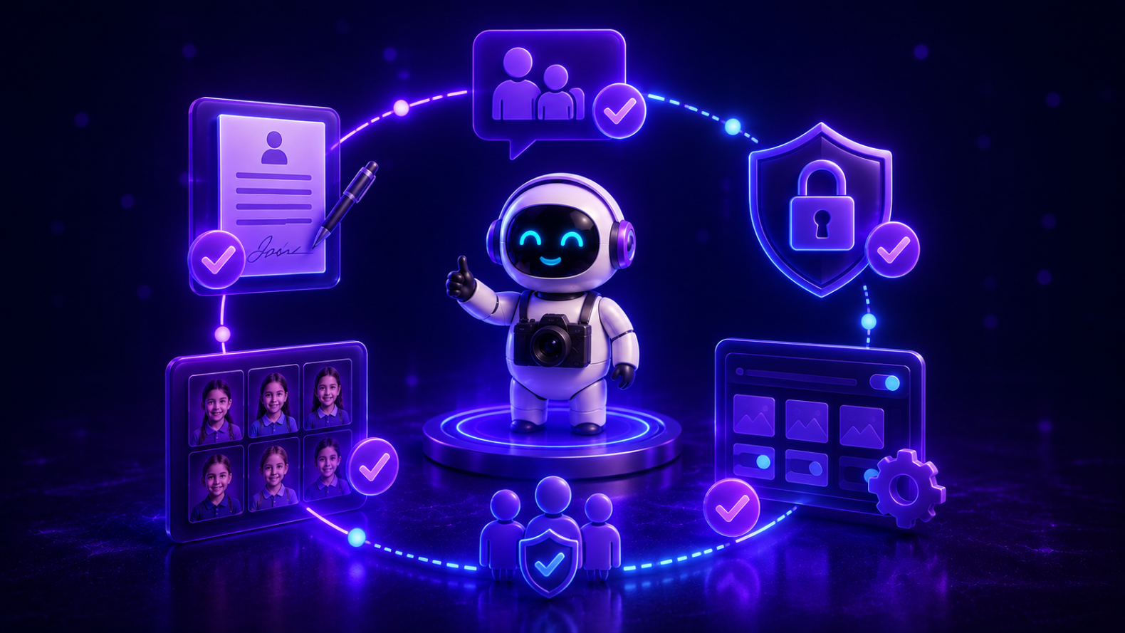 3D-иллюстрация с роботом на фиолетовом неоновом фоне, который нажимает на центральную неоновую кнопку с замком. Вокруг него по кругу расположены элементы: подписанный документ с подписью "Consent", защищенный щит, галерея снимков, настройки и иконки пользователей, символизируя полный цикл управления безопасностью детских фотографий.