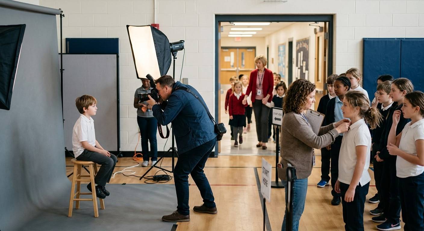 Фотограф со спины снимает коллективный портрет школьников на фоне серого студийного фона с софтбоксом. Справа представитель родительского комитета помогает направлять детей, а поверх изображения размещена надпись: «Фотосессия в школе: полный чек-лист для родительского комитета