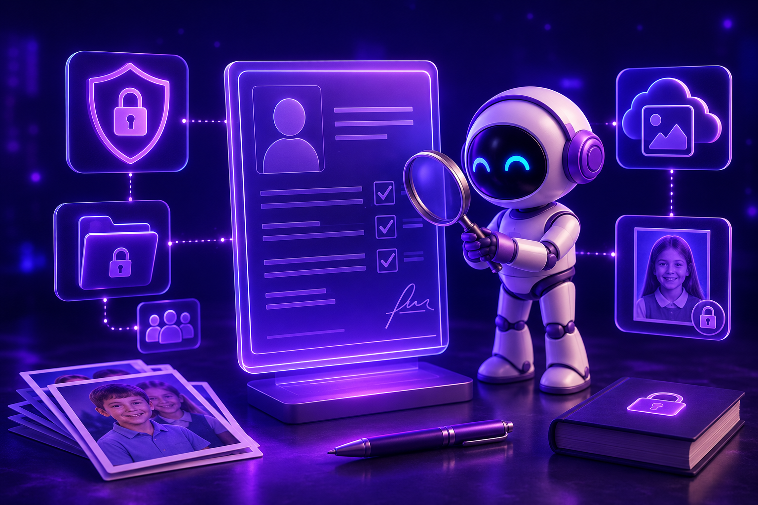 3D-иллюстрация с белым роботом, который с помощью лупы проверяет светящийся неоновый документ с галочками и подписью. Вокруг него расположены интерактивные элементы: замок, папка с данными, облачное хранилище, распечатанные детские фото и книга. Сцена символизирует юридическую проверку и безопасность персональных данных школьников и согласий родителей на фотосъемку в цифровой среде.
