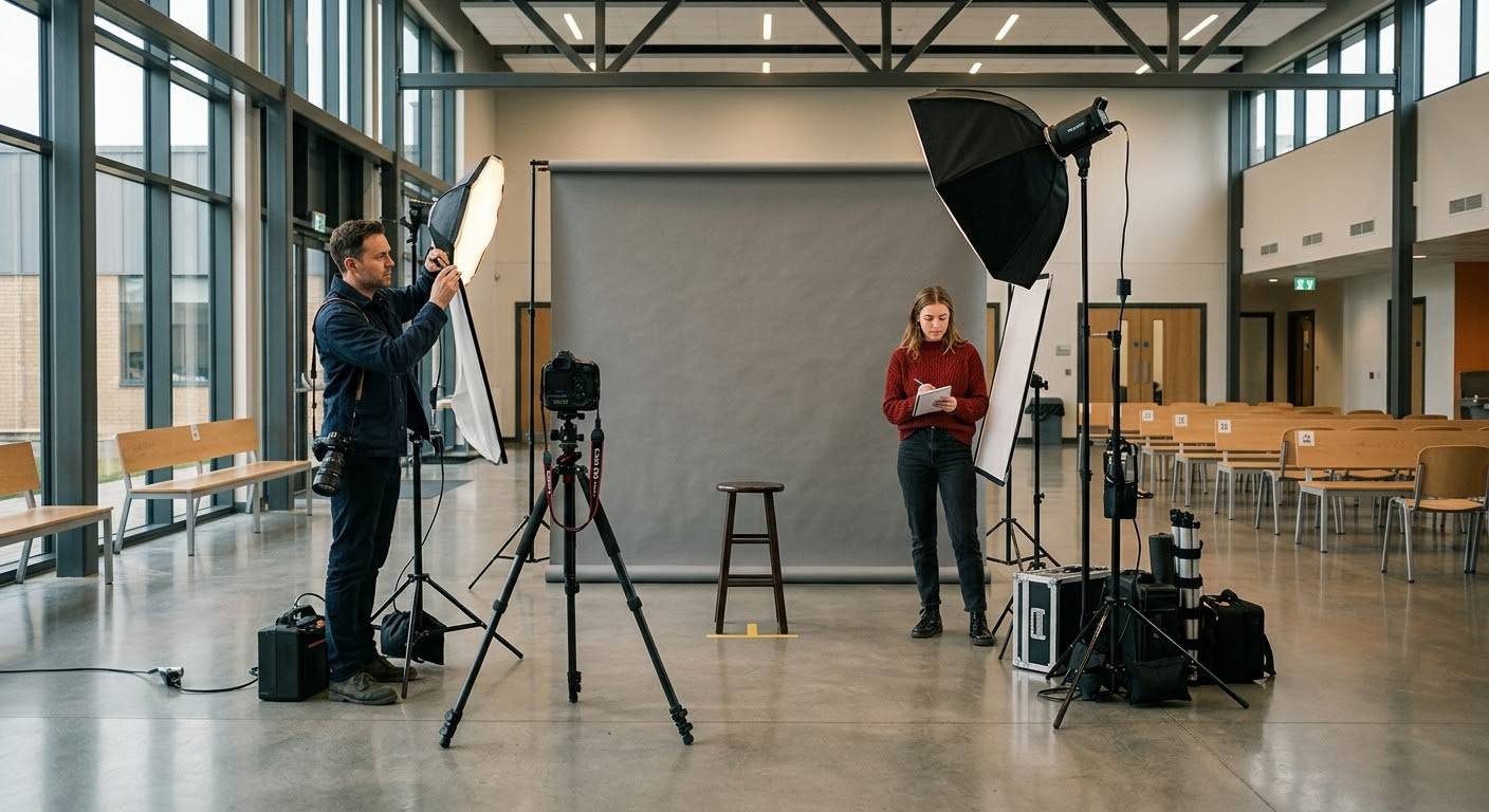 Установка портативной фотостудии в школьном актовом зале. Фотограф настраивает положение софтбокса рядом с камерой на штативе и серым фоном, а ассистентка в красном свитере сверяет рабочие записи в блокноте.