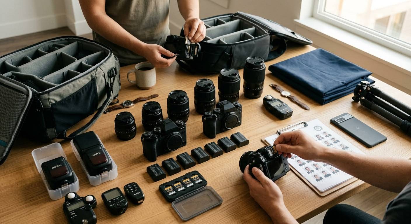 Процесс подготовки и проверки фотооборудования перед выездной съёмкой. На деревянном столе аккуратно разложены камеры, объективы, аккумуляторы, карты памяти в чехле, экспонометры, вспышки и планшет со списком учеников, пока фотограф устанавливает карту памяти в камеру.