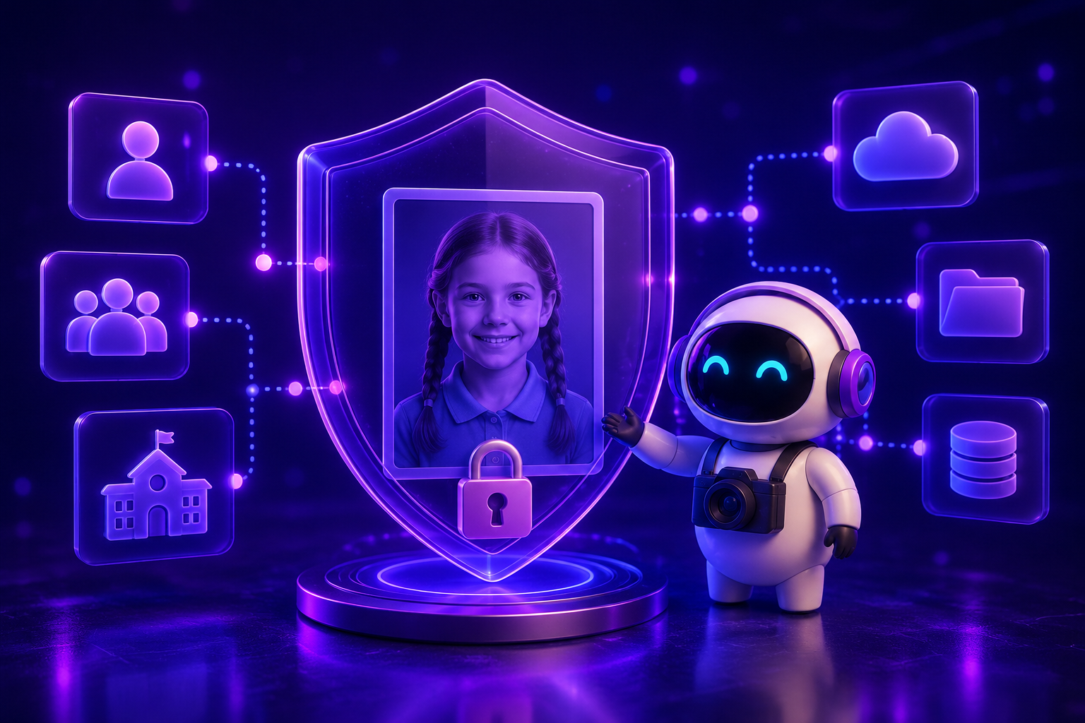 3D-иллюстрация с большим прозрачным неоновым щитом в центре, внутри которого расположен портрет улыбающейся школьницы. Справа стоит белый робот с фотоаппаратом на шее. Вокруг расположены интерактивные иконки профиля, школы, облака и базы данных. Композиция символизирует комплексную защиту и приватность школьных портретов в цифровых архивах.