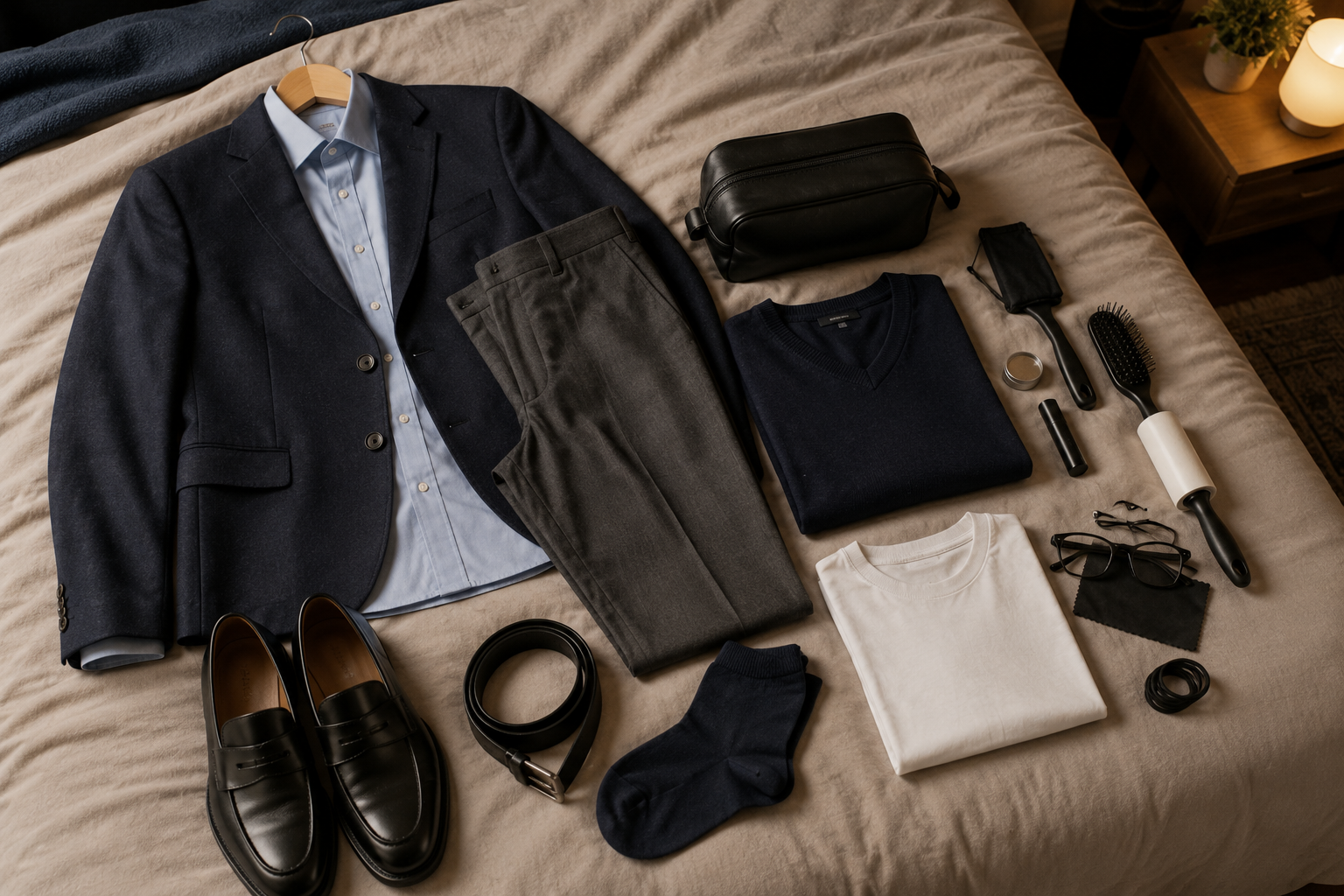 Эстетичная раскладка (flat lay) мужского гардероба на бежевом постельном белье, снятая сверху. Комплект включает темно-синий пиджак на вешалке с голубой рубашкой, серые брюки, темно-синий джемпер с V-образным вырезом, белую футболку, черные кожаные лоферы, ремень, носки, очки и несессер. Композиция дополнена предметами ухода: расческами, валиком для чистки одежды и баночкой средства, представляя полный набор стильных вещей для деловой поездки или учебы.