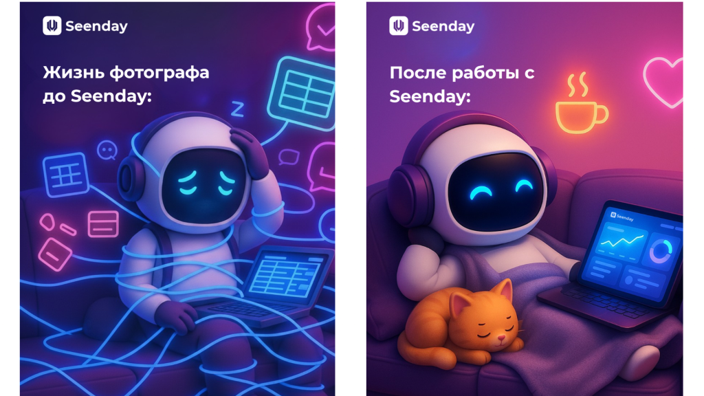 Наглядное сравнение работы фотографа в двух иллюстрациях с персонажем-роботом. Слева показана рутина до автоматизации: герой запутан в проводах и таблицах, испытывая усталость от бесконечных задач. Справа изображен отдых после перехода на сервис Seenday: герой уютно отдыхает на диване с котом и ноутбуком, где отображается готовая аналитика. Рисунки ярко контрастируют и показывают выгоду от автоматизации процессов.