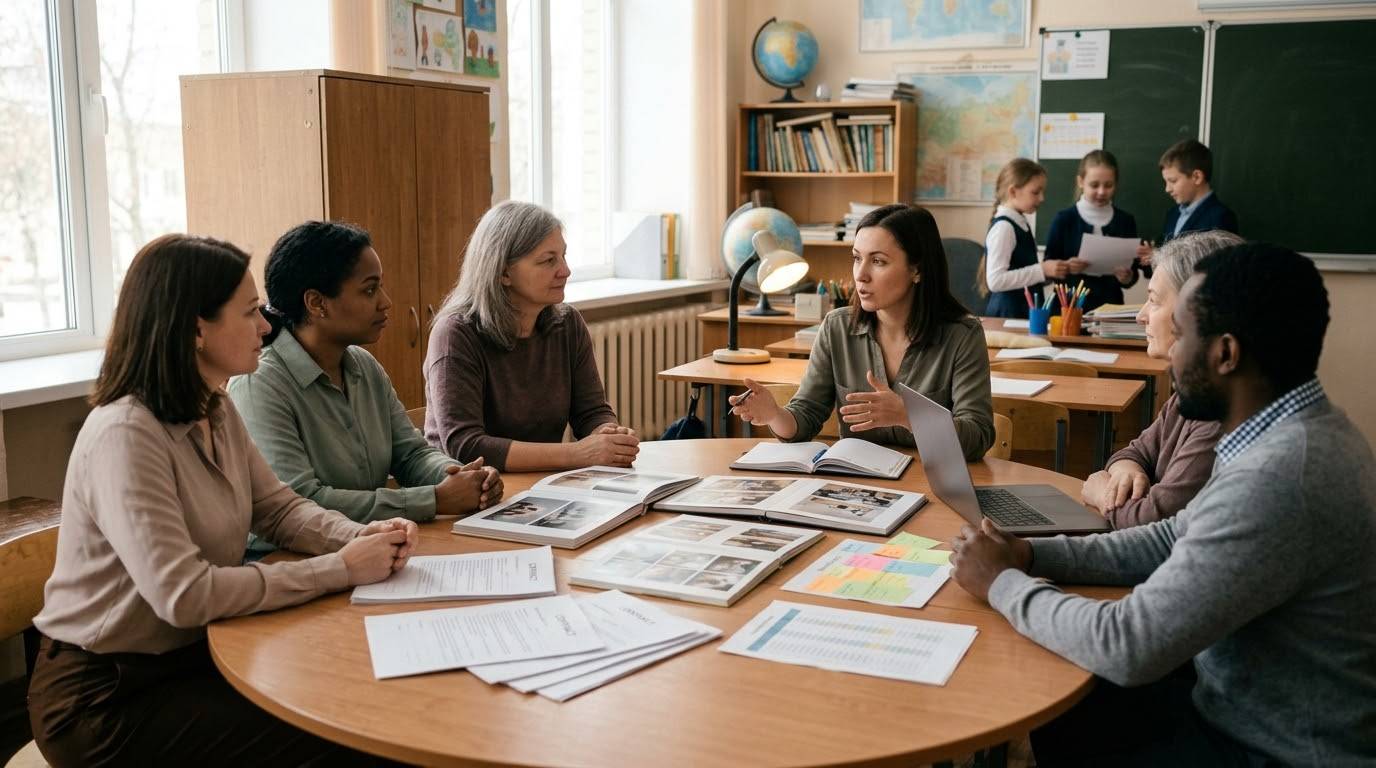 Родительский комитет обсуждает организацию выпускного альбома вместе с представителем школы или фотографом: на столе лежат образцы фотокниг, документы, планы и ноутбук, а участники согласовывают формат, оформление и детали проекта.