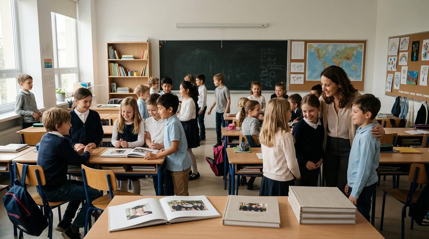 Оживленный школьный класс. Ученики 4 класса и учительница общаются и рассматривают напечатанные выпускные фотоальбомы, лежащие на партах и переднем плане.⁠