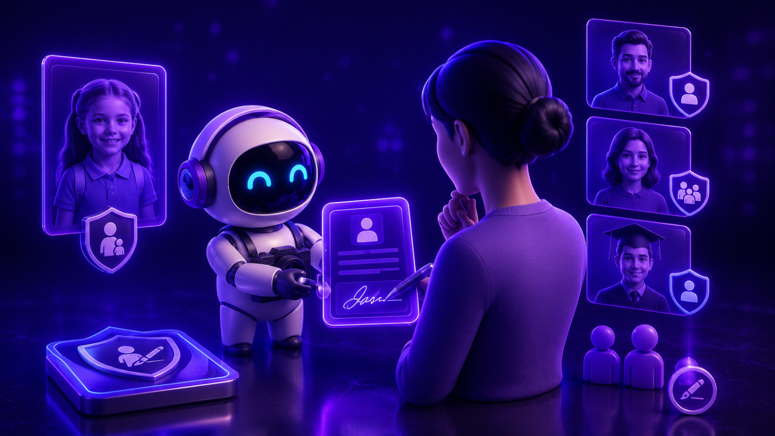 3D-иллюстрация в фиолетовых неоновых тонах, где белый робот передает девушке документ для подписи. На заднем плане отображаются интерактивные профили с фотографиями детей и выпускника, защищенные иконками щита. Это демонстрирует автоматизацию процесса получения согласий родителей на детскую фотосессию.