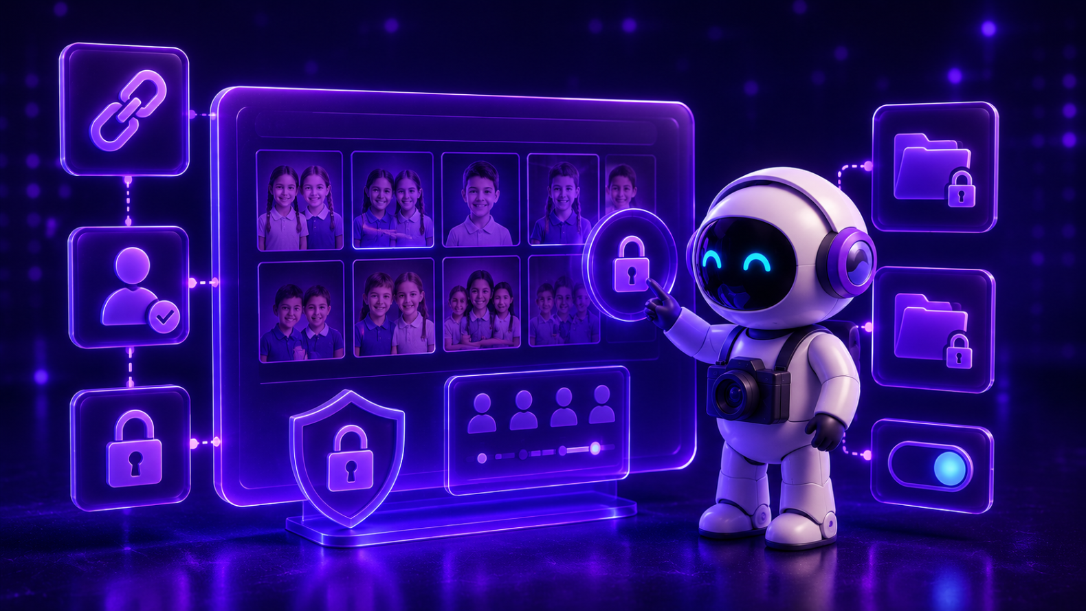 3D-иллюстрация с роботом на фиолетовом неоновом фоне, который нажимает на неоновую кнопку с замком на интерактивной панели с детскими фотографиями. Вокруг него расположены переключатели, папки, иконки пользователей и облачные хранилища, демонстрируя ручную настройку уровней доступа и конфиденциальности для фотоальбома.