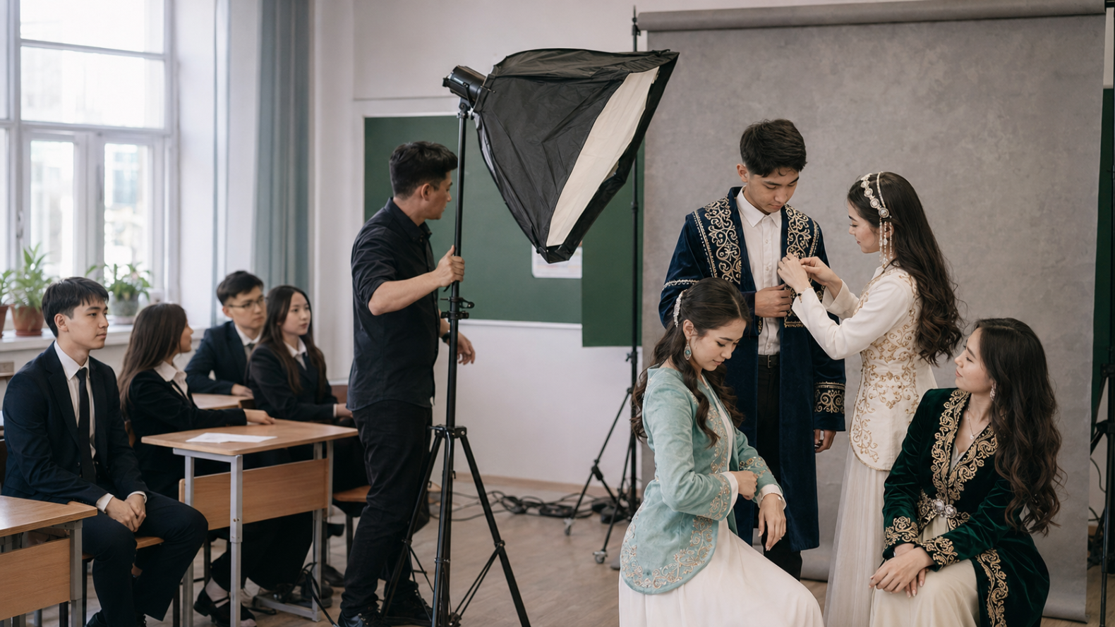 В школьном классе проходит костюмированная фотосессия выпускников в традиционных казахских нарядах. Фотограф настраивает стойку с софтбоксом, пока старшеклассники помогают друг другу поправить элементы чапанов и камзолов. На заднем плане другие ученики сидят за партиями и ждут своей очереди. Кадр передает живую атмосферу съемочного процесса и внимание к детализации национальных костюмов.