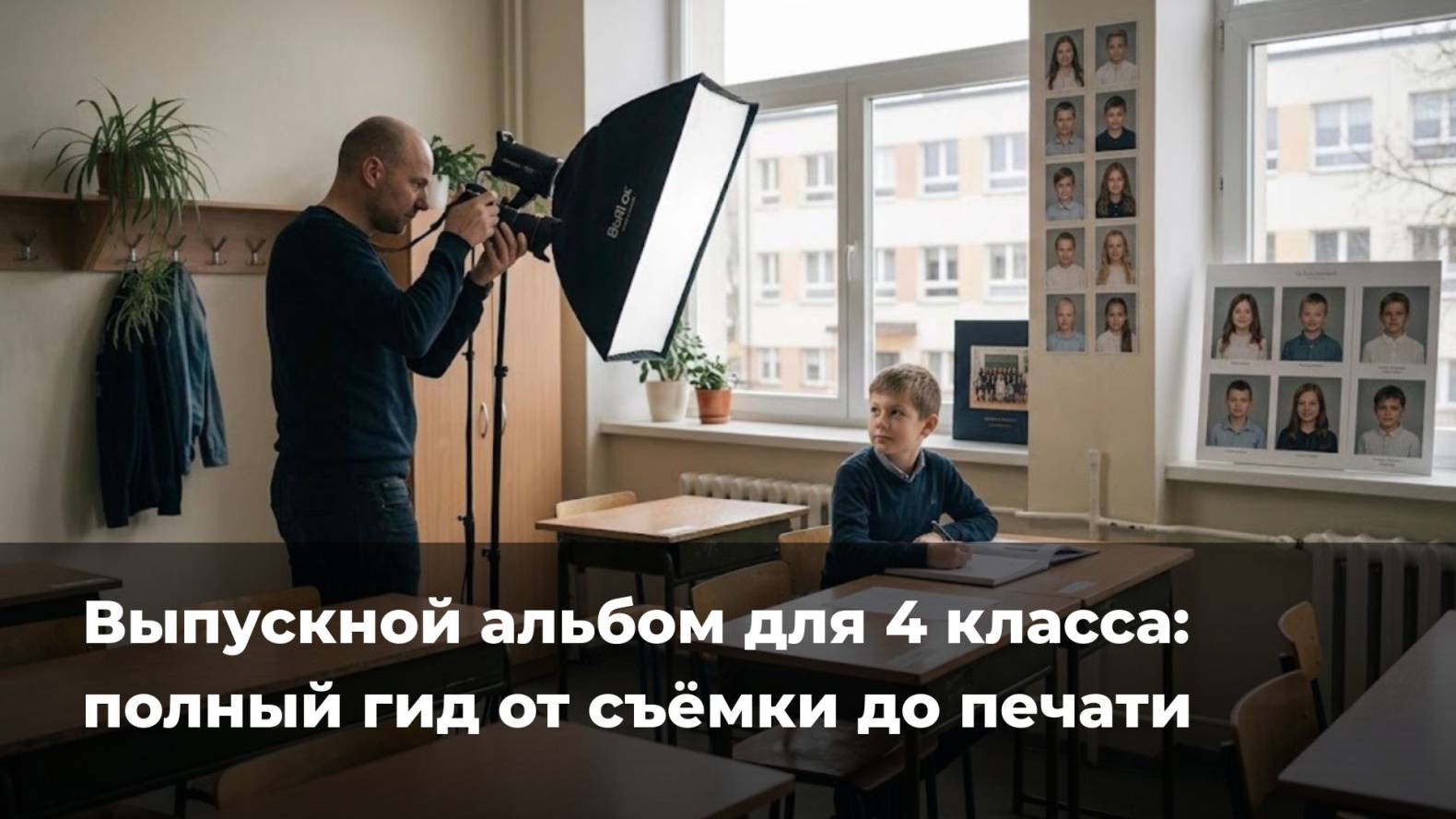 Фотограф с профессиональным освещением и софтбоксом делает портретное фото мальчика за школьной партой. На фоне стенд с образцами детских фотографий. Снизу надпись: Выпускной альбом для 4 класса: полный гид от съёмки до печати.⁠