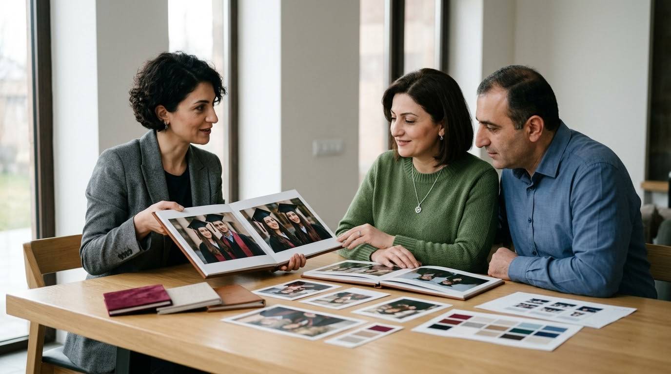 Представитель фотостудии показывает семейной паре варианты оформления выпускных альбомов .Женщина в сером жакете показывает открытый фотоальбом мужчине и женщине, сидящим напротив за деревянным столом. На столе разложены дополнительные снимки, образцы обложек и цветовые палитры для оформления книг.