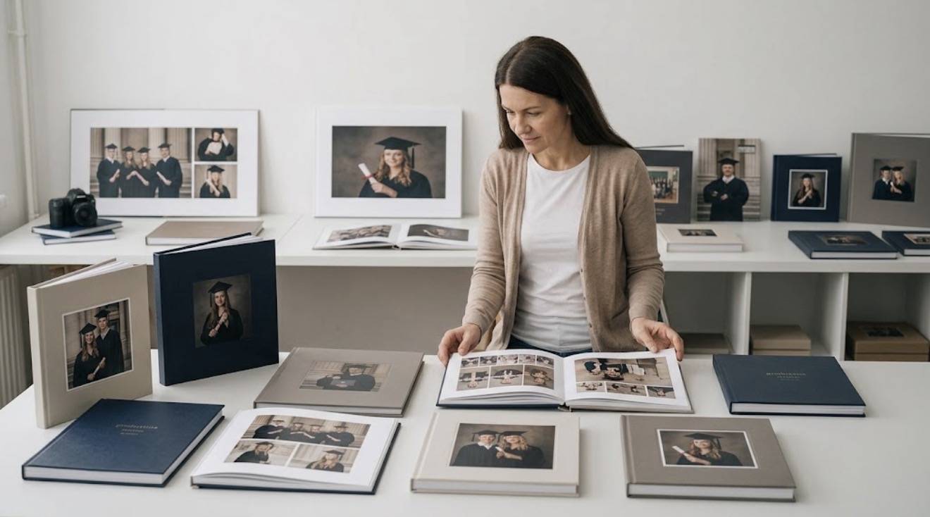 Женщина сравнивает несколько вариантов выпускных альбомов и фотокниг, рассматривая разные форматы, обложки, персональные портреты и развороты с фотографиями учеников перед выбором подходящего варианта.