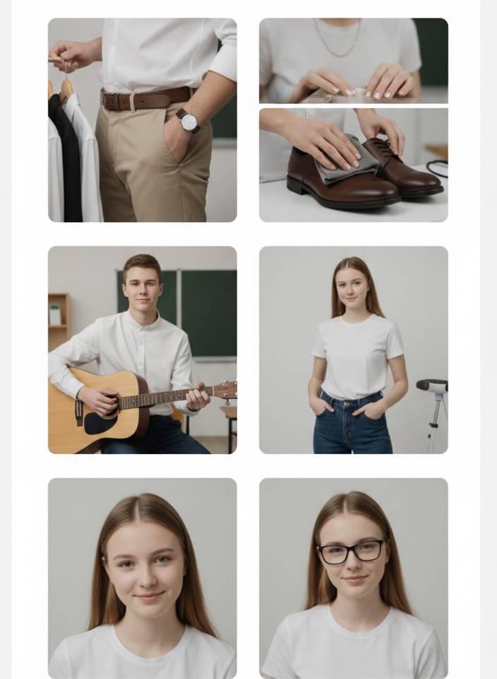 Коллаж из шести фотографий, демонстрирующий подготовку и участие студентов в учебном процессе или школьных мероприятиях. Верхние кадры показывают детали одежды и уход за обувью, средние — юношу с гитарой и девушку в джинсах в классе, нижние — два портрета одной девушки (в очках и без). Коллаж подчеркивает разнообразие студенческой жизни, увлечений и важность опрятного внешнего вида.