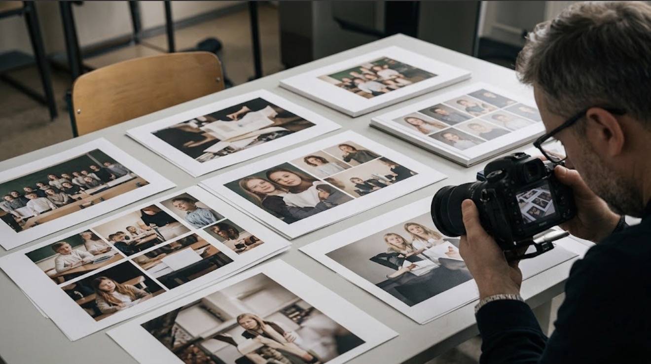 Фотограф работает над материалами для выпускного альбома: на столе разложены портреты учеников, групповые фотографии класса и готовые страницы фотокниги, которые он снимает и проверяет перед финальной сборкой.