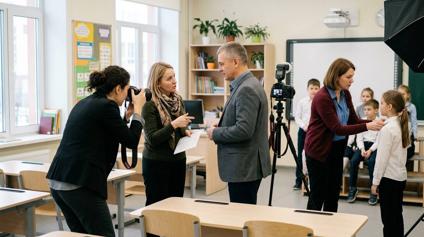 Подготовительный этап перед фотосессией в классе. В центре фотограф и представитель школы обсуждают рабочие моменты со списком в руках. Слева ассистент делает тестовый кадр, а справа организатор помогает ученице поправить воротник перед съёмкой на фоне студийного оборудования.