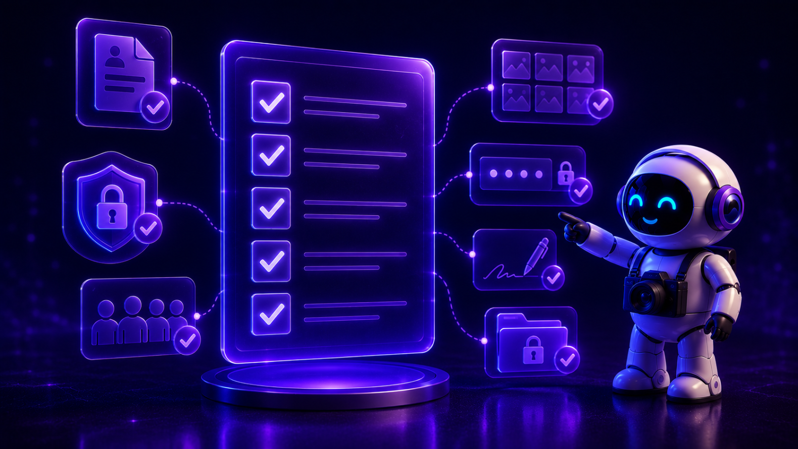 3D-иллюстрация в неоновых фиолетовых тонах: белый робот в наушниках и с фотоаппаратом управляет цифровой фотогалереей. Слева — светящийся экран с портретами улыбающихся школьников и защищенными папками. Между роботом и экраном парят интерактивные иконки: замок, ввод пароля, колокольчик уведомлений, корзина и профиль пользователя с галочкой. Композиция символизирует безопасный процесс аутентификации, модерирования и загрузки детских фотографий в облачное хранилище.