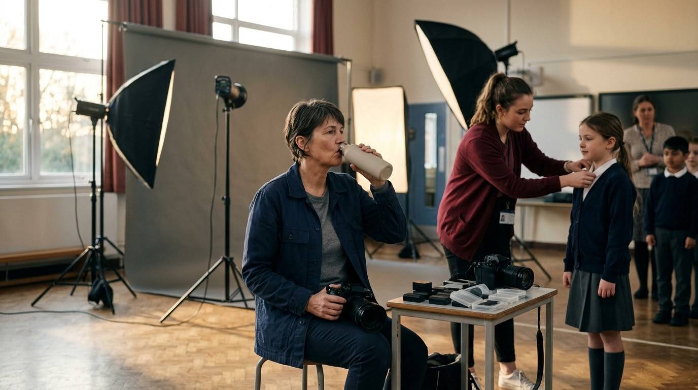 Короткий перерыв в процессе школьной фотосессии. Фотограф с камерой в руках пьёт воду из термобутылки, сидя у стола с аккумуляторами и картами памяти, пока ассистентка на заднем плане поправляет одежду ученице перед серым фоном и студийными софтбоксами.